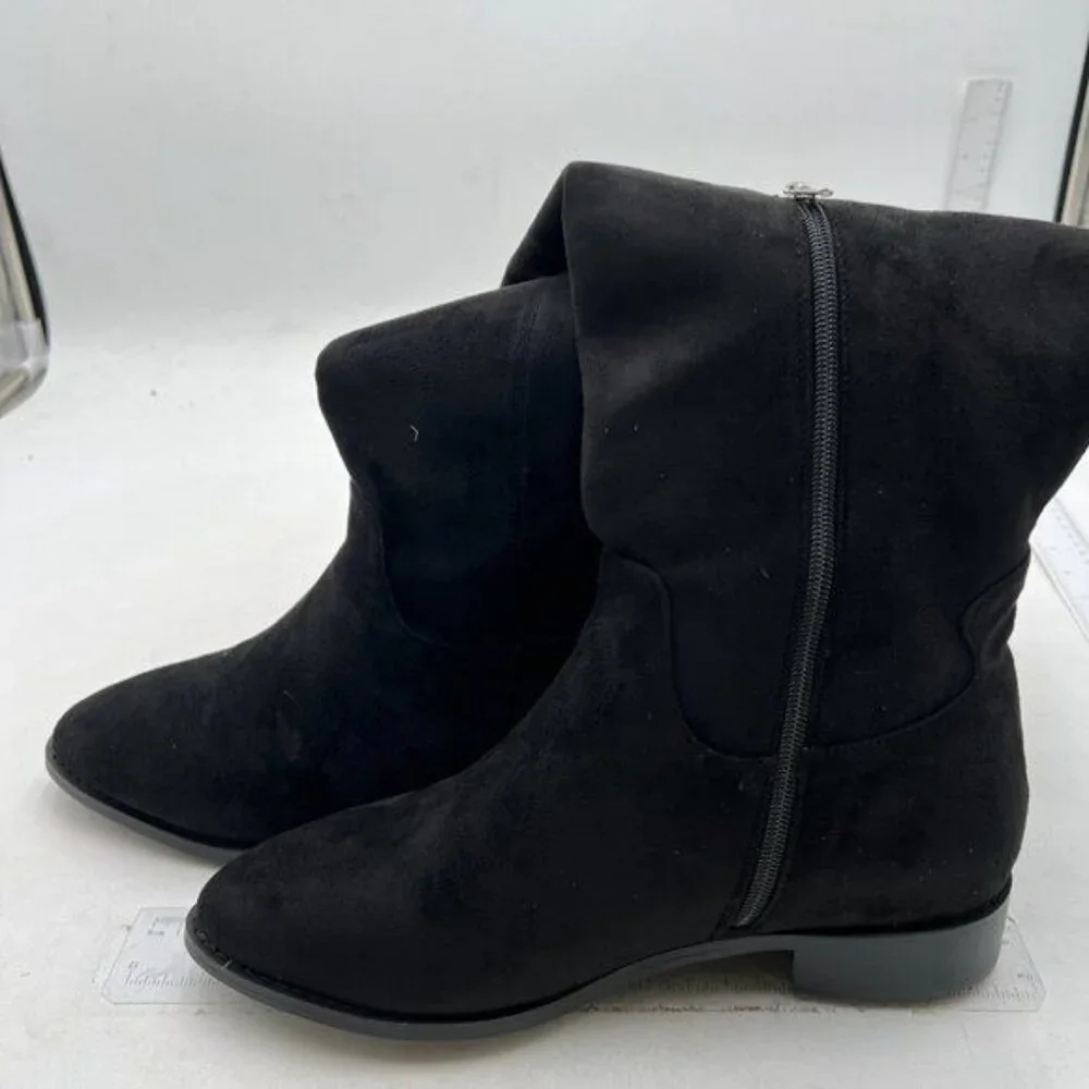 Pazzion Women Almond Toe Knee High Boots with Partial Zipper Stretchy Black Shoe